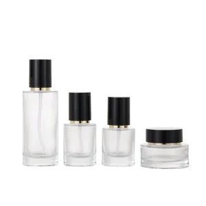 Cosmetic Packaging Material Transparent Empty Glass Bottle Black Cover Suitable for Skin Care Product Set Can Be Print logo