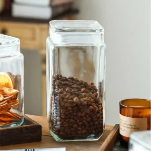 Country Style Square Glass Coffee Bean Storage Jar with Airtight Glass Lid