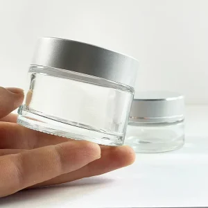 Cream Jar Clear Glass Container with Wide Mouth Silver Cap for Cosmetics