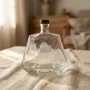 Crystal Clear Faceted Spirit Bottle Cork Wood Cap Custom Logo Liquor Glass Container for Distillery