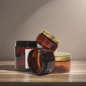 Custom 100ml 200ml 250ml 8oz 16oz 500ml Amber Wide Mouth Cosmetic Containers Plastic Pet Jar With Gold Aluminium Lid