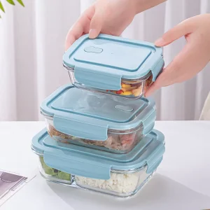 Custom 400 700 1000ml 3 Set High Borosilicate Glass Food Container Gift Box Glass Mixing Bowl Rectangle Lunch Box