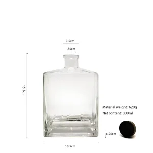Custom 500ml Square Design Transparent Flat Liquor Wine Spirits Glass Bottle for Vodka Gin Whiskey