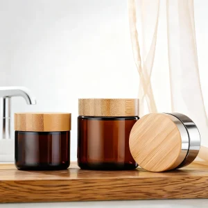 Custom 5g 10g 20g 30g 50g 100g 150g 200g Amber Glass Jar With Wooden Bamboo Lid For Cream With Screw Caps