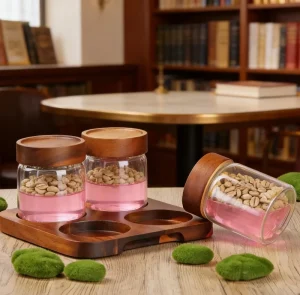 Custom 5ml 15ml 30ml 250ml 350ml 550ml Borosilicate Glass Jars With Wooden Cap for Food Storage Sugar Candy Packaging