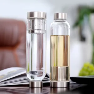 Custom BPA-Free Clear Portable Tea Infuser Borosilicate Glass Water Bottle with Black Neoprene Sleeve for On-the-Go Use