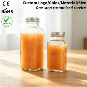 Custom Empty 6oz 8oz 12oz 16oz Rectangle Glass Beverage Jar Bottle Square Juice Milk Tea Liquid Glass Bottle Packaging
