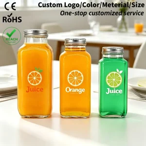 Custom Empty 6oz 8oz 12oz 16oz Rectangle Square Glass Beverage Jar Bottle for Juice Milk Tea and Liquids