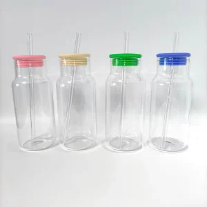 Custom Glass Beverage Bottle with Silicone Lid and Straw for Juicing, Iced Coffee or Cold Brew