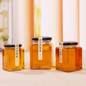 Custom Hexagonal High Borosilicate Glass Honey Jar Jam Bottles with Metal Lid for Food Storage