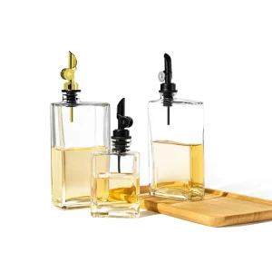 Custom High Quality Luxury 200ml 350ml 500ml Clear Square Glass Oil Bottle with Screw Cap and Oil Distributor