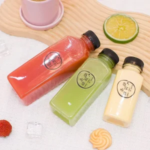 Custom Logo 8oz 12oz 16oz PET Square Juice Beverage Bottles with Cap 250ml 350ml 500ml for Juice Milk Tea