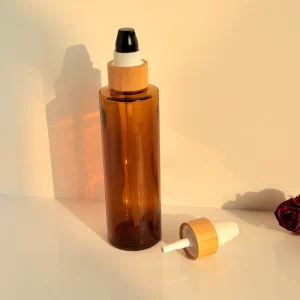 Custom Logo Amber Glass Lotion Bottle with Bamboo Lid Frosted Glass Pump Head