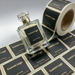 Custom Logo Black Gold Foil Perfume Labels Matte Waterproof Roll Stickers for Soy Candle & Fragrance Scent Bottle Packaging