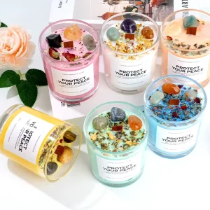 Custom Logo Clear Glass Jar Soy Wax Scented Candle with Wooden Wick, Dried Flower and Crystal Quartz