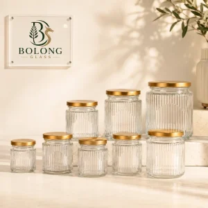 Custom Logo Eco friendly Recyclable Ribbed Glass Jar Aluminum Lid 100ml 500ml Food Honey Packaging Silk Screen Printed