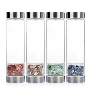 Custom Logo Elixir Filter Screen Stainless Steel Natural Rose Quartz Stone Healing Crystal Infused Glass Water Bottle