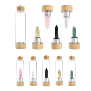 Custom Logo Gemstone Glass Natural Quartz Crystal Clear Drinking Water Bottle for Gift