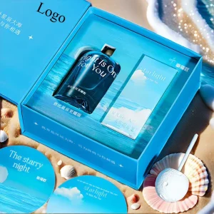 Custom Logo Gift Glass Bottle Perfume Cosmetic Makeup Rigid Box High end Blue Cosmetics Packaging Box With EVA