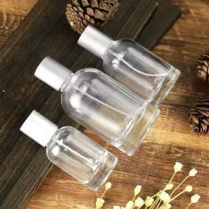 Custom Logo Glass Perfume Spray Bottle 30ml 50ml 100ml Crimp Neck Aluminum Sprayer Silver Cap Clear