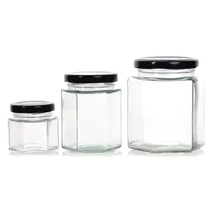 Custom Logo Hexagon Glass Jar 280ml 380ml 500ml Glass Food Container Glass Honey Jar for Honey