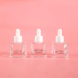 Custom Logo Matte Frost Clear Square Glass Dropper Bottle With White Cap For Serum Essential Oil Cosmetic Container