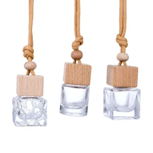 Custom Logo Square Wood Hanging Cap Car Air Freshener Container 8ml 10ml Glass Diffuser Bottle for Perfume Fragrance