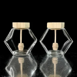 Custom Logo Storage Honey Jar Empty Container Glass Honey Jar Hexagon Honey Shaped Jars With Lid