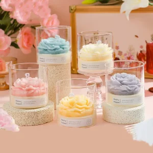 Custom Luxury Romantic Private Label Peony Flower Shaped Soy Wax Flameless Glass Jar Aroma Candles Holiday Bars Wedding