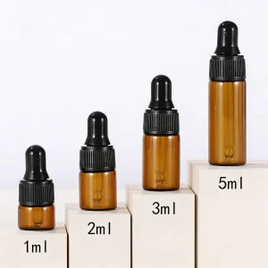 Custom Mini 1ml 2ml 3ml 5 ml Empty Round Amber Glass Skin Care Essential Oil Dropper Bottle for Serum