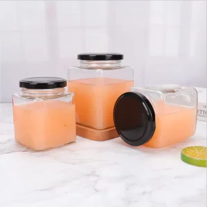 Custom Square Jam Glass Honey Jar Bottles With Metal Lid for Kitchen Food Container