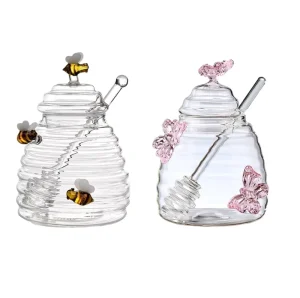 Customizable 3D Bee and Butterfly Borosilicate Glass Honey Jar with Integrated Stirrer