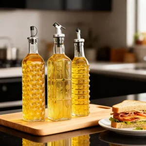 Customizable 500ml Glass Oil Bottle with Embossed Surface Square Round Transparent Cooking Olive Oil Glass Bottle