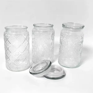 Customizable Embossed Glass Kitchen Storage Round Shape Carved Kitchen Canisters with Airtight Glass Lid for Rice and Corn