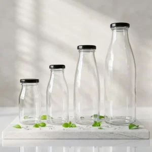 Customizable High Quality Empty Round Glass Beverage Bottles 250ml 500ml 1000ml Clear Glass Milk Juice Bottles With Screw Lids