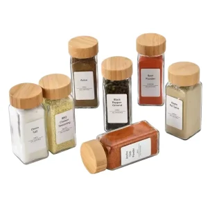 Customized Eco Friendly 4oz Soda Lime Glass Square Spice Jar Transparent Body Aluminum Wood Lid Food Safe Recyclable Kitchen
