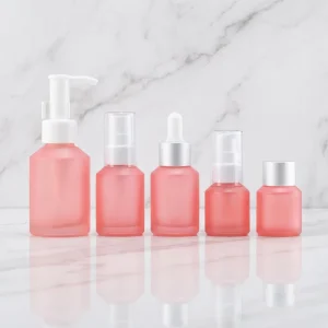 Customized Frosted pink Cosmetic Packaging Glass Bottle Screen Printed Glass Bottle