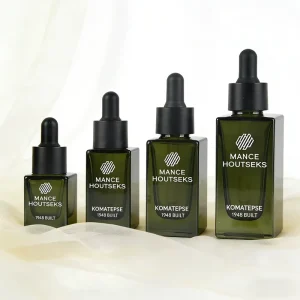 Customized Green 5ml 10ml 30ml square Rectangle Empty Frosted Serum Body Skincare Essential Oil Glass Dropper Bottles