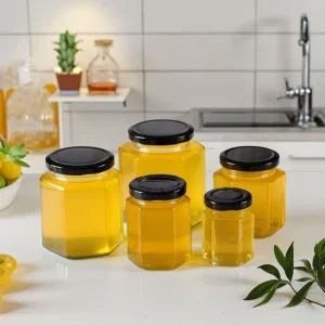 Customized Hexagonal Jam and Honey Glass Jar with Metal Lid
