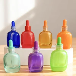 Customized Screen Printed Design Cosmetic 30ML Flat Rectangular Essential Oil Glass Dropper Bottle with Pump
