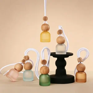 Cylinder Car Diffuser Bottle with Frosted Glass Wooden Lid Hanging Design