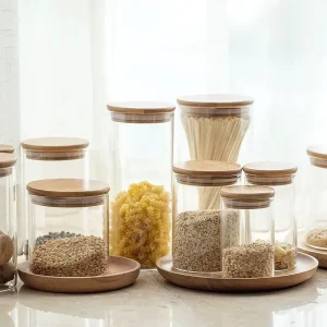 Cylinder Glass Storage Jars with Airtight Bamboo Lid for Kitchen Canisters