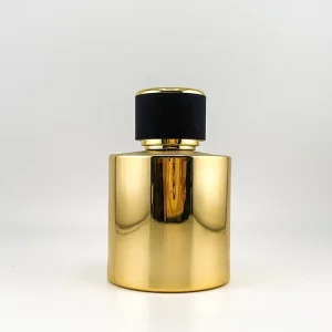 Cylinder Gold-Plated Glass Perfume Bottle 30ml 50ml 100ml with Black-Gold Two-Tone Cap and Crimp Neck