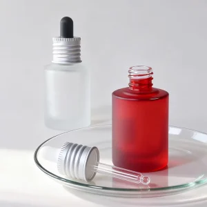 Cylindrical Glass Aluminum Ring Rubber Head Dropper Essential Oil Bottle 30ml Red Frosted Thick Bottom for Hair Care