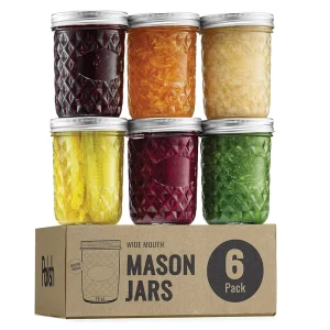 DD1943 Mason Jar 16oz 6-Pack Airtight Quilted Wide Mouth Glass Jars With Lid and Seal Bands for Pickling Canning
