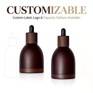 Dark Amber Frosted Cylinder Glass Dropper Bottle 10ml with Wood Grain Cap