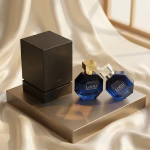 Deep Blue Diamond Cut Perfume Bottle Thick Base Glass Atomizer with Gold Silver Square Cap Gift Box Luxury Vanity Decor