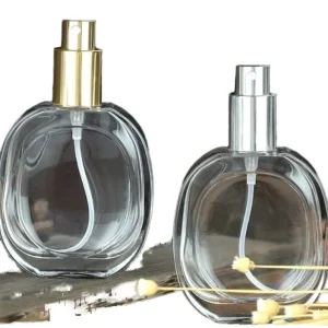 Devli Luxury 50ml Flat Shape Gold Perfume Bottle Empty Glass Pump Sprayer Screen Printing Bronzing Reed Diffuser Skin Care Serum