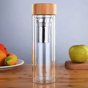 Double Wall 300ml 400ml 500ml High Borosilicate Glass Bottle with Bamboo Lid
