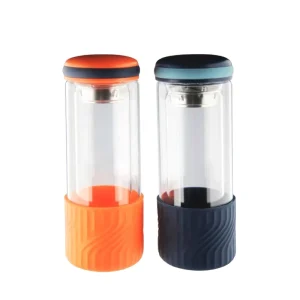 Double-Walled High Borosilicate Glass Tea Water Bottle with Silicone Lid for School and Office